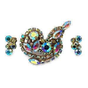 Vintage 60s Aurora Borealis Navette Round Rainbow Rhinestone Brooch Earring Set